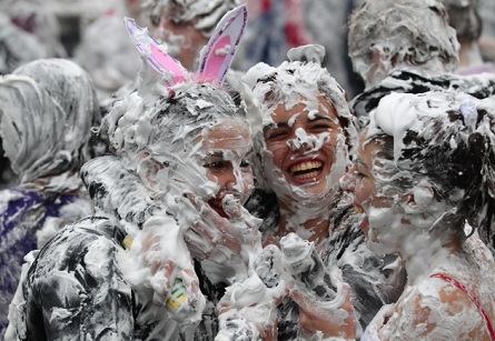 First year students at St Andrews University enjoying in a foam fight
